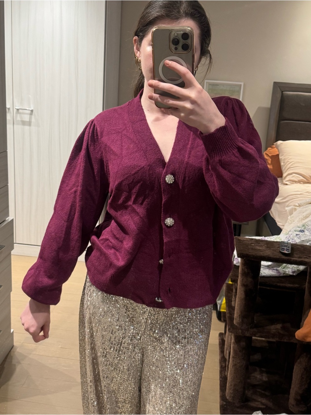 LOFT Plum Button-Front Cardigan